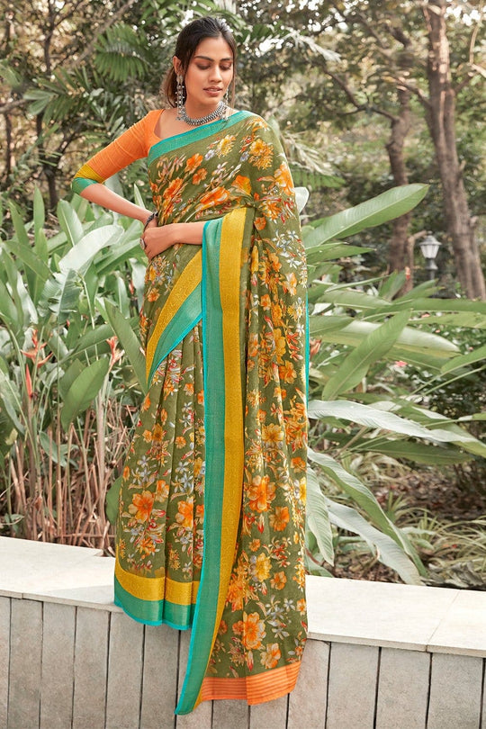 Beautiful Moss Green Linen Blend Saree