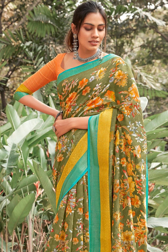 Beautiful Moss Green Linen Blend Saree