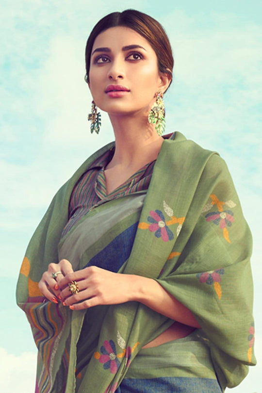 Buy Beautiful moss green linen saree online - Karagiri