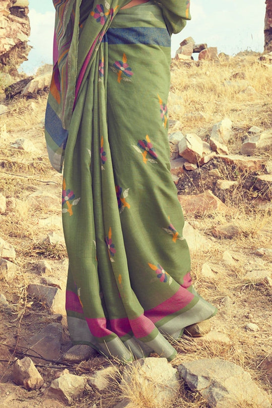 Buy Beautiful moss green linen saree online - Karagiri