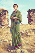 Buy Beautiful moss green linen saree online - Karagiri