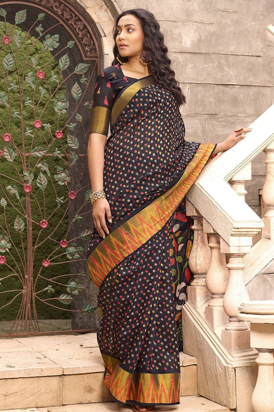 Beautiful Oil Black Cotton Linen Blend Saree
