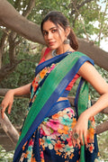 Beautiful Oxford Blue Linen Blend Saree