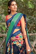 Beautiful Oxford Blue Linen Blend Saree