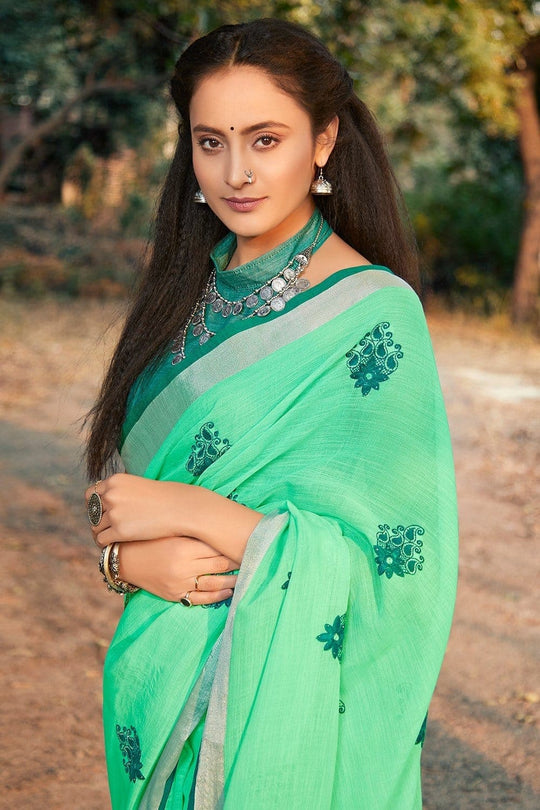 Beautiful Paris Green Linen Blend Saree With Kalamkari Work