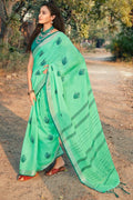Beautiful Paris Green Linen Saree With Kalamkari Work