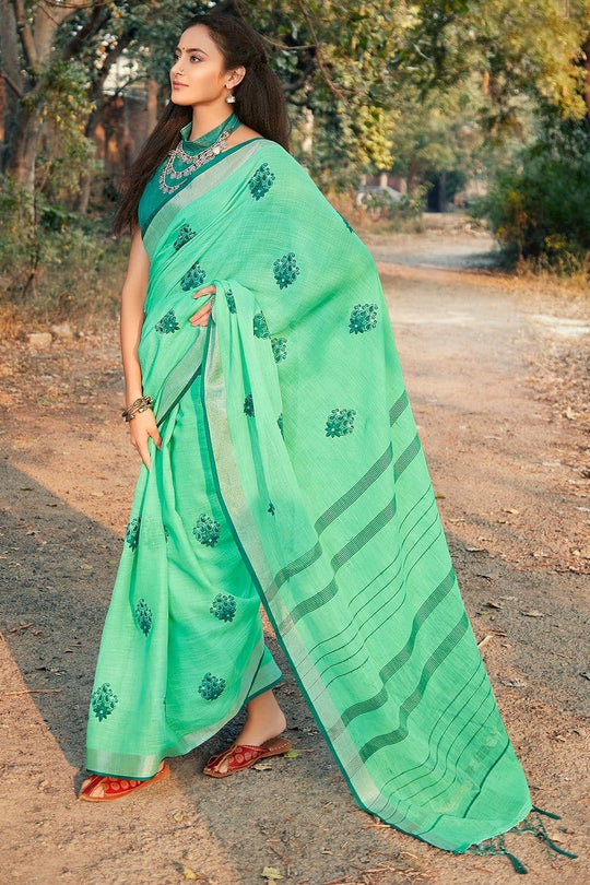 Beautiful Paris Green Linen Blend Saree With Kalamkari Work