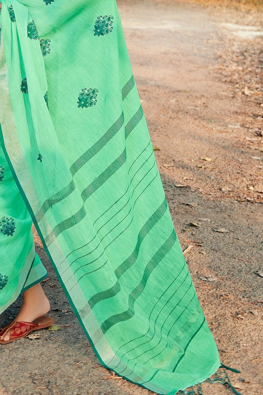 Beautiful Paris Green Linen Blend Saree With Kalamkari Work