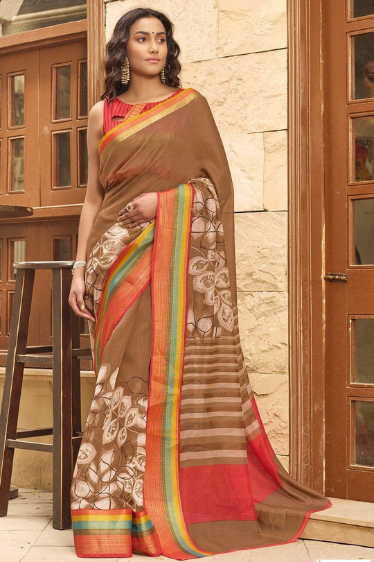 Beautiful Pastel Brown Cotton Linen Blend Saree