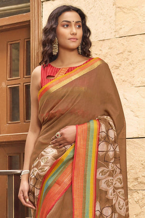 Beautiful Pastel Brown Cotton Linen Blend Saree