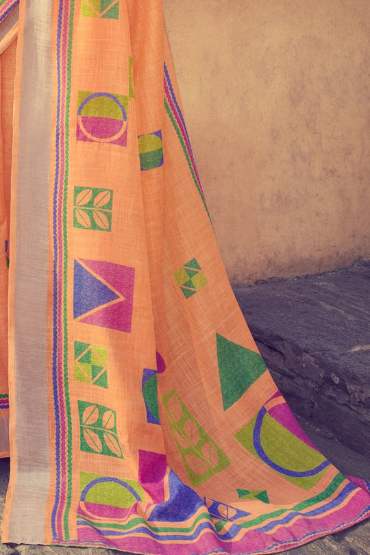 Buy Beautiful pastel orange linen saree online - Karagiri