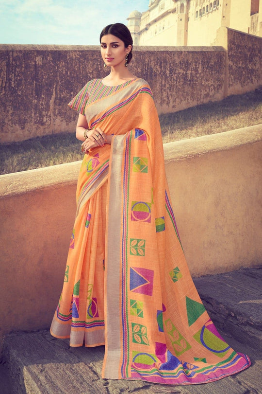 Buy Beautiful pastel orange linen saree online - Karagiri
