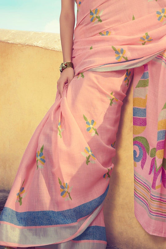 Buy Beautiful pastel pink linen saree online - Karagiri