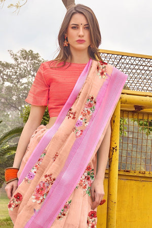 Beautiful Peach Linen Blend Saree