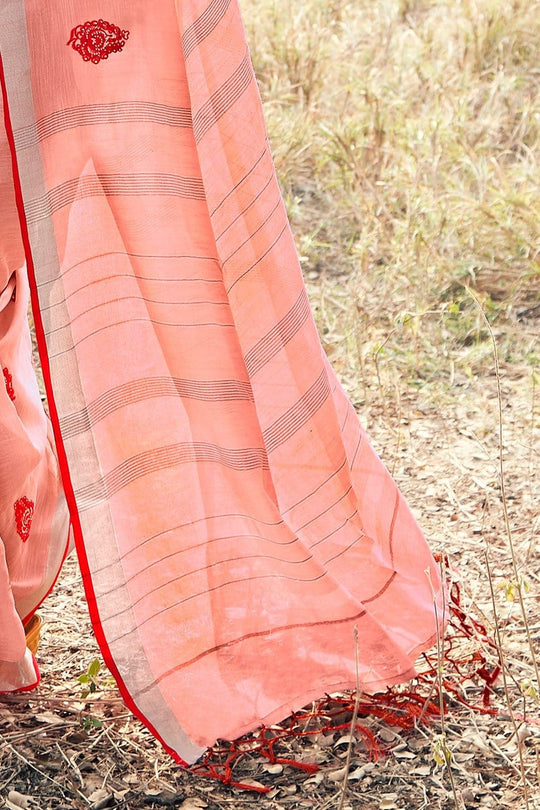 Beautiful Peach Linen Blend Saree With Kalmkari Work