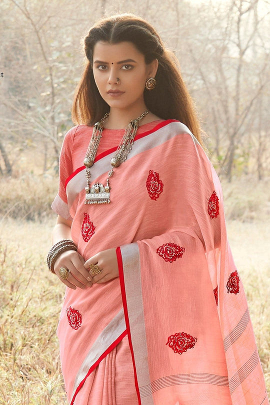 Beautiful Peach Linen Blend Saree With Kalmkari Work