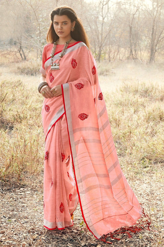 Beautiful Peach Linen Blend Saree With Kalmkari Work