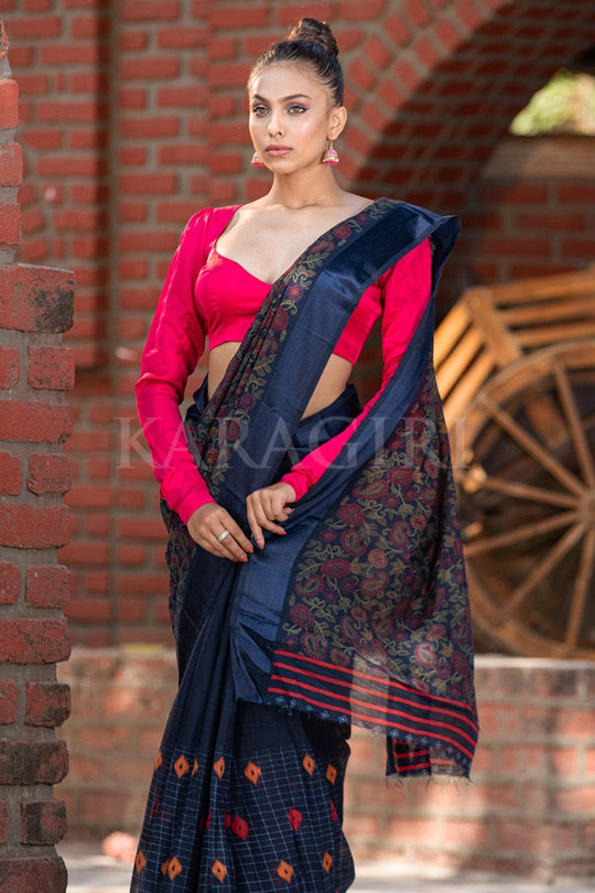 Buy Beautiful peacock blue cotton linen saree online - Karagiri