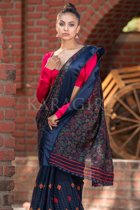 Buy Beautiful peacock blue cotton linen saree online - Karagiri