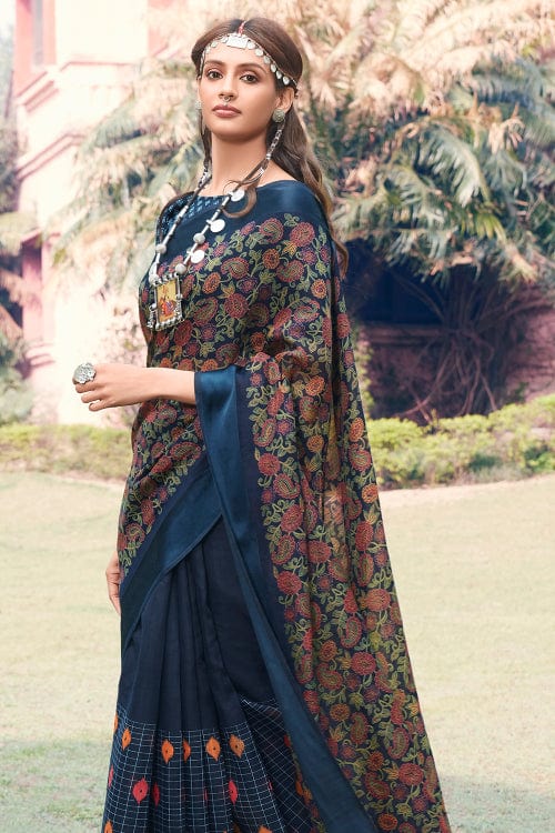 Beautiful Peacock Blue Kalamkari Printed Saree