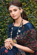Beautiful Peacock Blue Kalamkari Printed Saree