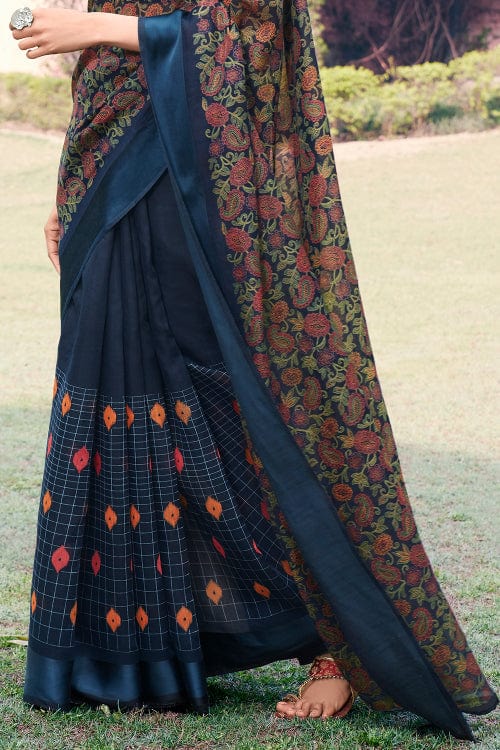 Beautiful Peacock Blue Kalamkari Printed Saree