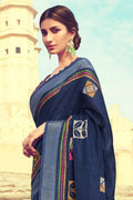 Buy Beautiful space blue linen saree online - Karagiri