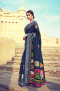 Buy Beautiful space blue linen saree online - Karagiri