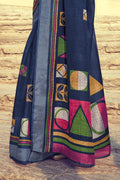 Buy Beautiful space blue linen saree online - Karagiri