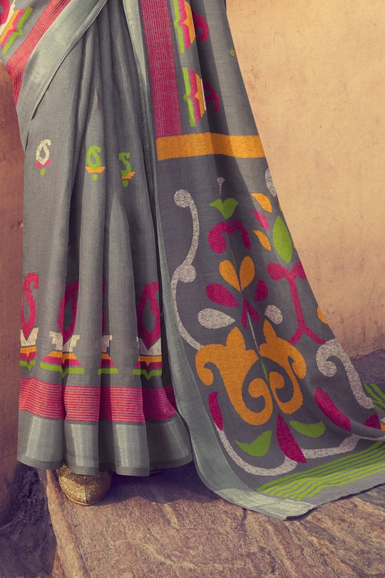 Buy Beautiful steel grey linen saree online - Karagiri