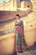 Buy Beautiful steel grey linen saree online - Karagiri