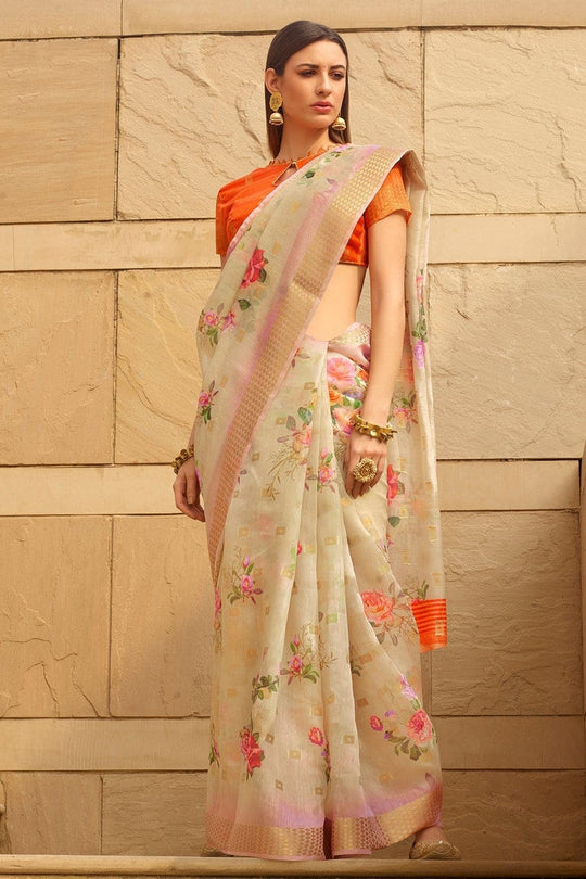 Linen Saree Beautiful Tan Cream Linen Saree saree online
