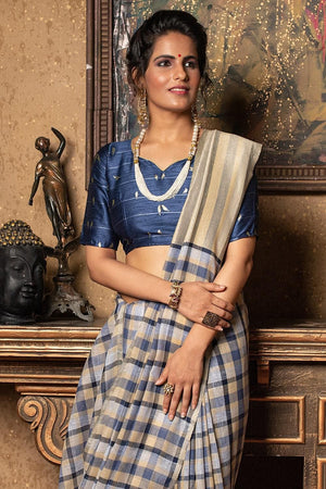 Blue Checks Pattern Linen Blend Saree