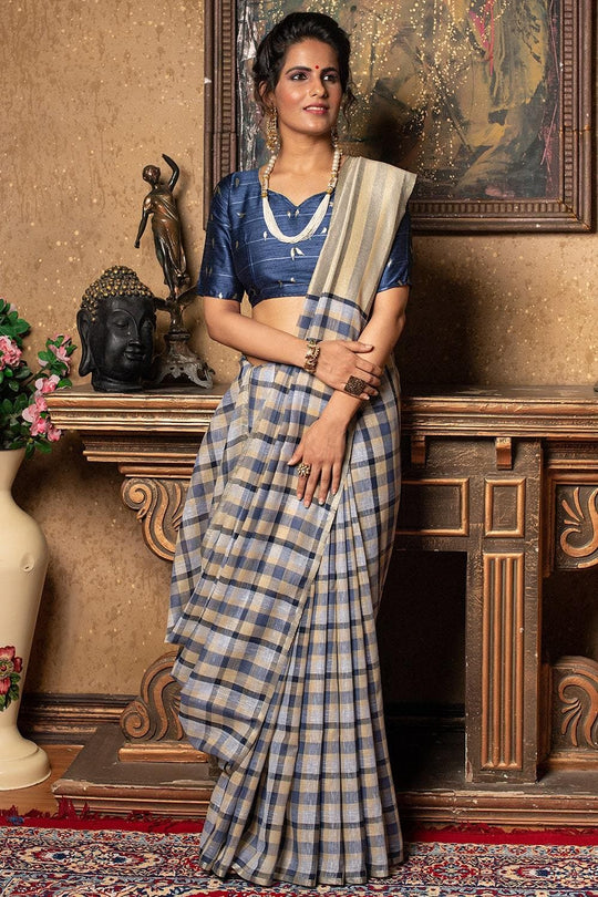 Blue Checks Pattern Linen Blend Saree
