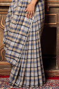 Blue Checks Pattern Linen Blend Saree