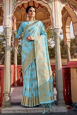 Blue Linen Blend Saree