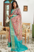 Linen Saree Blue,Pink Digital Printed Linen Saree saree online