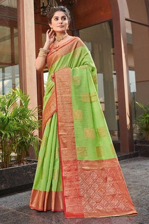 Bright Green Linen Blend Saree