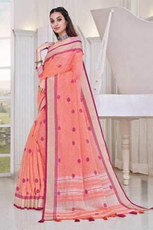 Bright Peach Linen Blend Saree