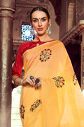 Candle Light Orange Embroidered Linen Saree