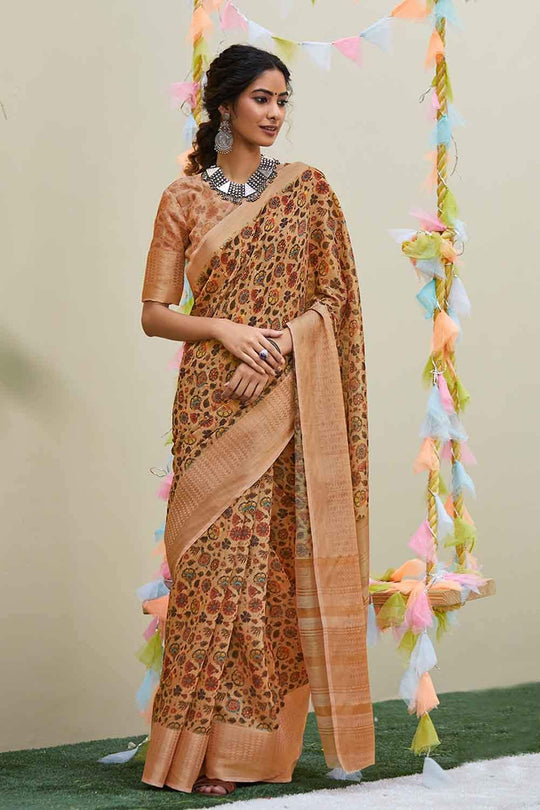 Linen Saree Caramel Brown Digital Printed Linen Saree saree online