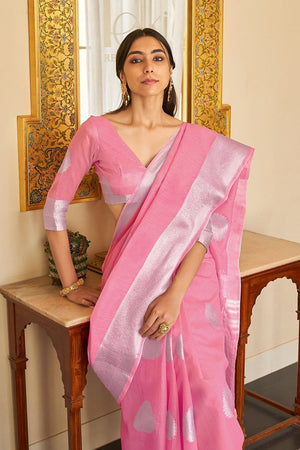 Carnation Pink Linen Blend Saree
