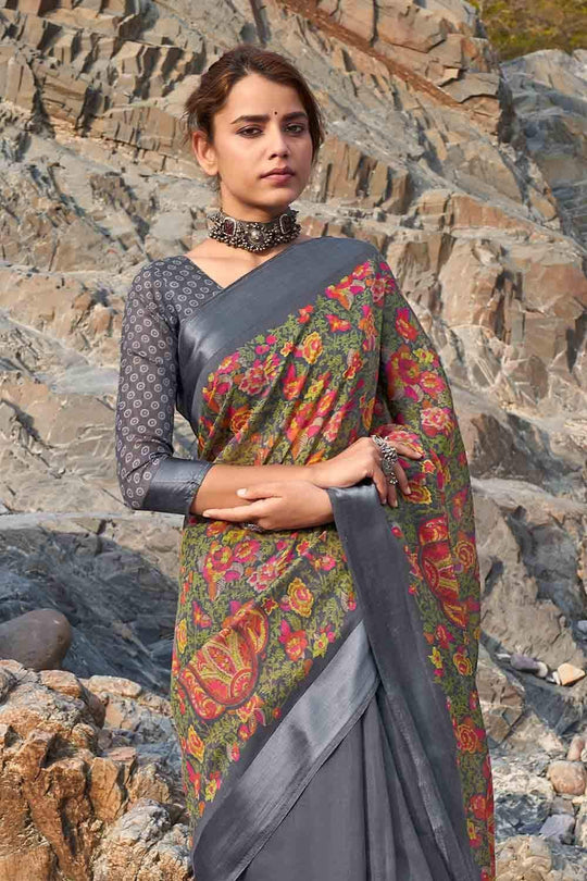 Charcoal Grey Floral Printed Linen Blend Saree