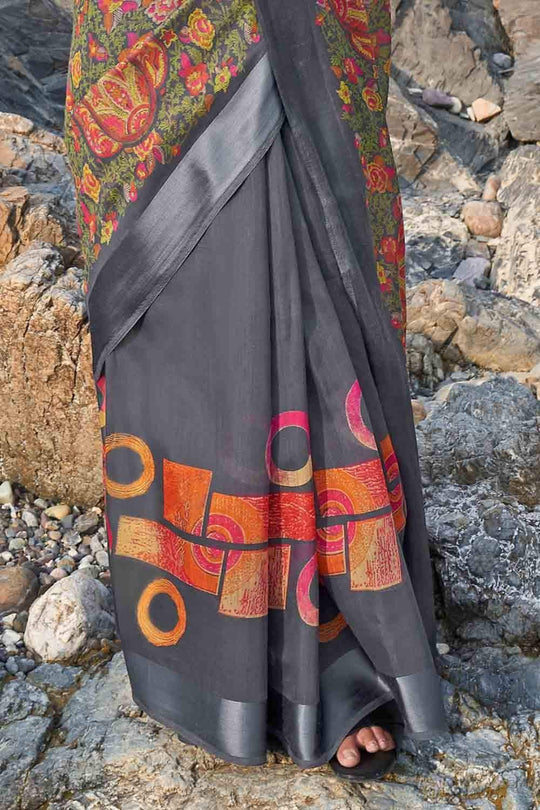 Charcoal Grey Floral Printed Linen Blend Saree