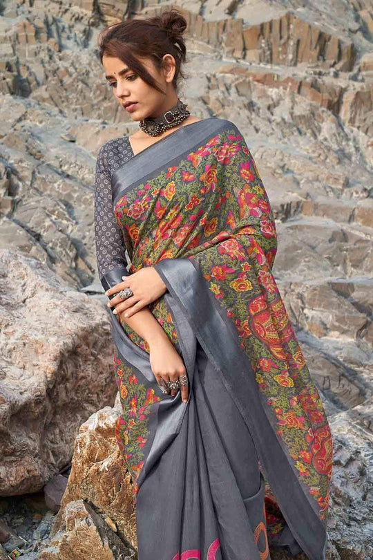 Charcoal Grey Floral Printed Linen Blend Saree