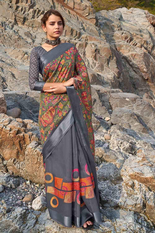 Charcoal Grey Floral Printed Linen Blend Saree