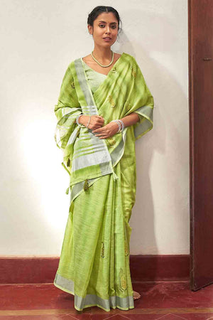 Chartreuse Green Linen Blend Saree