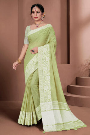 green linen saree