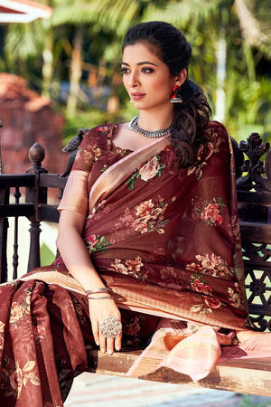 Chestnut Brown Linen Blend Saree