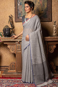 Cloudy Grey Linen Blend Saree